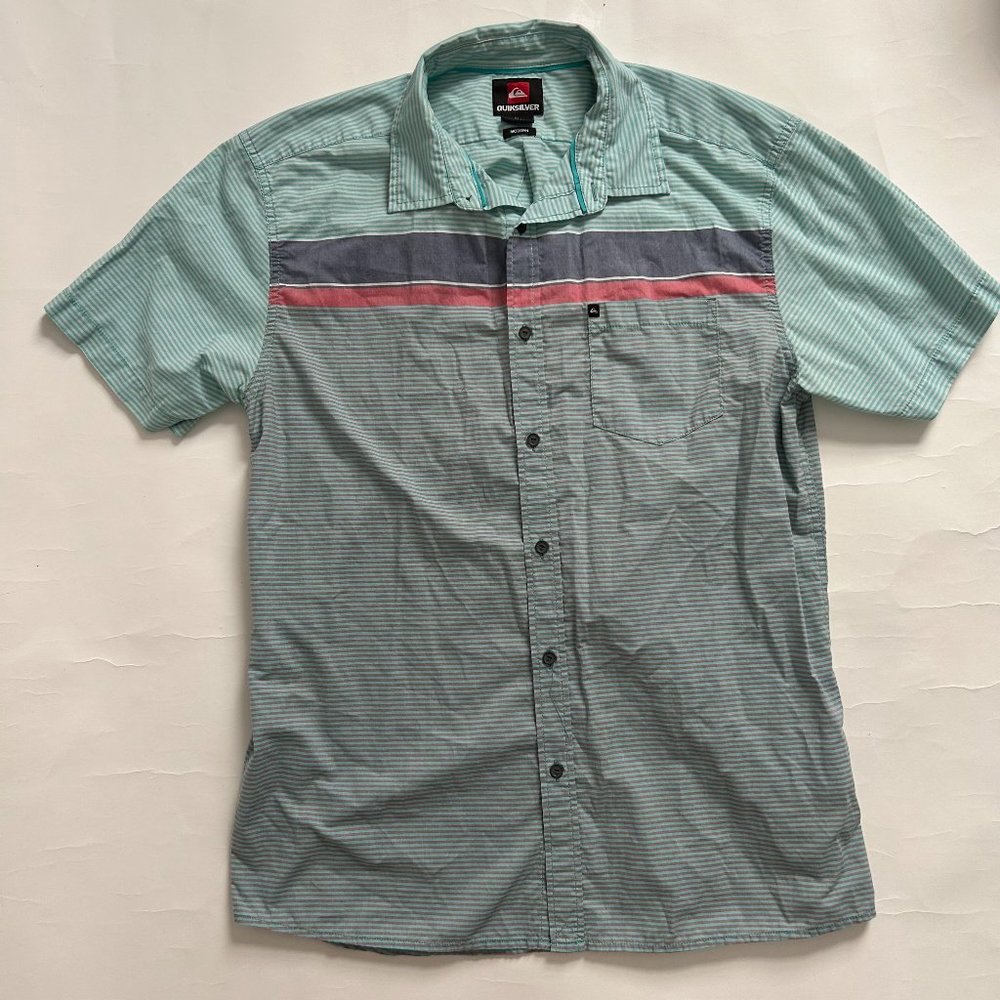 Quiksilver Mens sz L Button Front Aqua Salmon Gray White Stripe S/S Modern Shirt